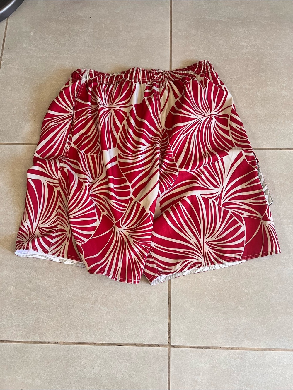 Men's Red & Tan Patterned Swim Trunks